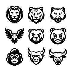 Obraz premium Nine black and white animal mascot logos on white background lion tiger