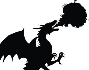 Solid black silhouette of a dragon breathing fire 