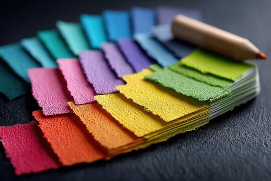 Colorful swatches of paper with textured surface arranged in a gradient with a wooden pencil on top, placed on a dark stone background
