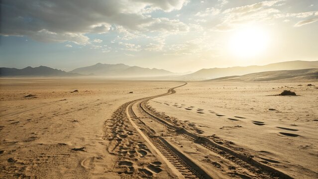 Tire tracks lead through a vast desert landscape towards distant mountains under a cloudy sky