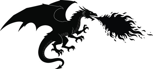 Solid black silhouette of a dragon breathing fire 