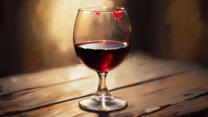 Wine glass with red wine on rustic wooden table
