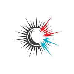 Dynamic Energy Burst Symbol. Abstract graphic showcasing contrasting forces of vibrant red and cool blue rays radiating from a central form. Represents power and transformation.