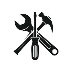 Universal Hand Tools Graphic. This striking emblem showcases a wrench, screwdriver, hammer, and chisel, representing utility, skilled work, and the foundation for various projects.