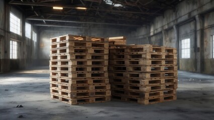 Wooden pallets stacked in an industrial space