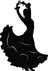 solid silhouette I Female Flamenco Dancer Silhouette Mid-Spin – Flowing Dress Vector in Traditional Pose black and white  on White Background 