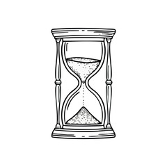 Hourglass Flowing Sand Time Concept. Monochrome sketch of an antique measuring device with grains descending. Symbolizes the passage of moments, countdowns, and the fleeting nature of existence.
