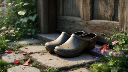 Worn clogs beside weathered door