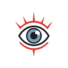Mystic Eye Gaze Emblem. Striking abstract illustration of a vigilant orb with pointed red accents. Conveys powerful intuition, spiritual awareness, and eternal watchfulness. Symbolizes hidden truths.