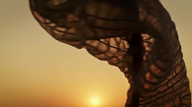 Woven basket with a shaft silhouetted against a soft golden sunset backdrop