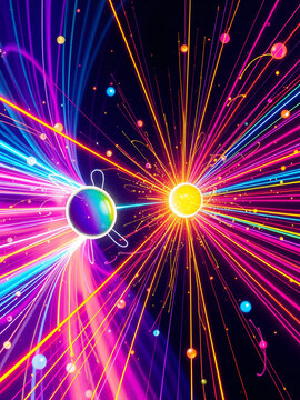 The illustration shows vibrant colored lines representing positrons and electrons colliding, creating a burst of light as they annihilate each other and release energy in the form of photons