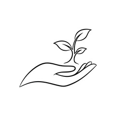 Nurturing Hands with Green Leaves. A minimalist emblem shows a human palm gently supporting verdant foliage. This design signifies environmental stewardship, new growth, and ecological balance.