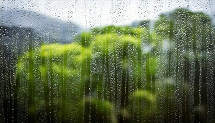 Bokeh, trees, and raindrops create a dreamy scene as gum trees blur softly through a glass window, rain gently cascading, evoking tranquility, nature’s mood, and reflective rainy-day atmosphere.

