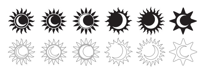 Sun and Moon Icons, A versatile collection of 12 black and white sun and moon phase vector graphics, in solid and outline styles