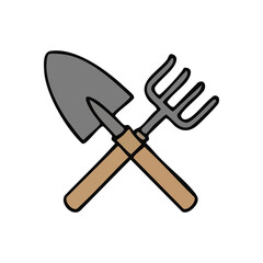 Garden Tools Cross Icon. Clean graphic illustration depicting essential yard equipment, a hand trowel and cultivator, crossed against a dark backdrop. Symbolizes growth and nurturing nature.