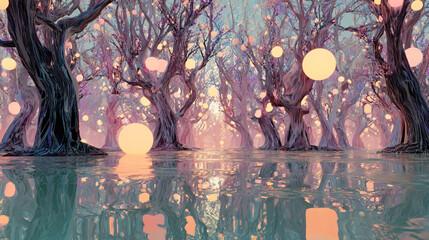 A surreal forest with mirrored trees and glowing orbs