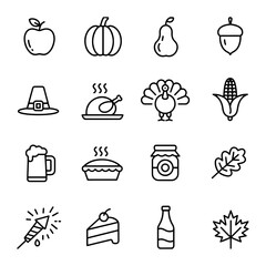 Collection of thanksgiving themed icons including food and symbols For Thanksgiving Vector Design