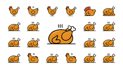 Collection of cartoon chickens and cooked turkey illustrations set For Thanksgiving Vector Design