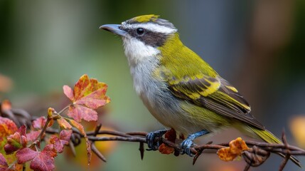 Fototapeta premium Colorful bird on autumnal barbed wire