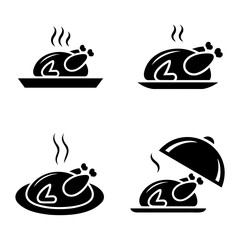 Four stylized roasted chickens on plates with steam in black color For Thanksgiving Vector Design