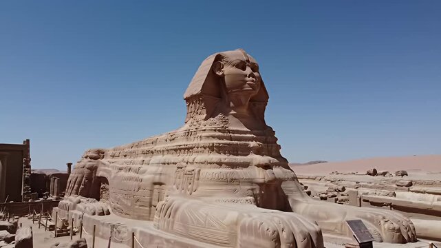 Large sphinx statue sculpted from stone sits against a clear blue sky in arid landscape