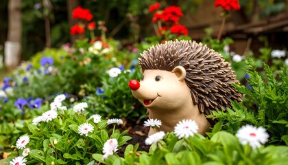 Cute hedgehog figurine amidst colorful flowers