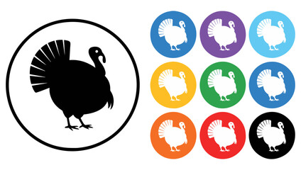 Illustration of turkey icons in various colors and black silhouette For Thanksgiving Vector Design
