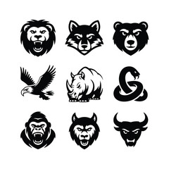 Nine black animal mascot logos on white background lion wolf