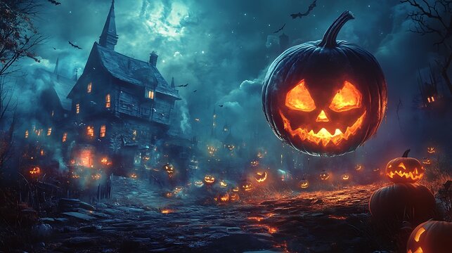 Eerie halloween night scene with glowing pumpkins spooky haunted house and a dark blue sky photo - Powered by Adobe