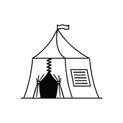 Simple Outdoor Shelter Icon. Minimalist white camp structure with a waving banner. Perfect for temporary events, adventures, and celebrations. Represents freedom.