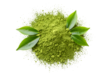 A mound of finely ground matcha powder is presented with several lush green tea leaves isolated on white or transparent background. PNG