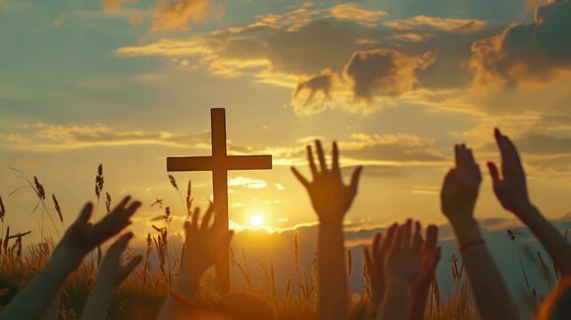 A group of people lifting their hands in prayer or praise during a Christian service