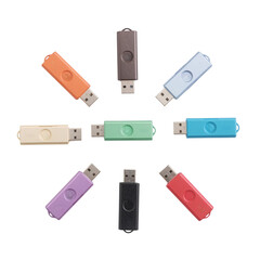 Vibrant collection of colorful USB flash drives arranged in a radial pattern, showcasing modern portable data storage solutions for everyday use.
