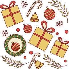 "A vibrant vector art featuring wrapped Christmas presents, ornaments, candy canes, wreaths, and bells arranged in a decorative pattern. Flat design, bold color palette with gold, red, and green."


