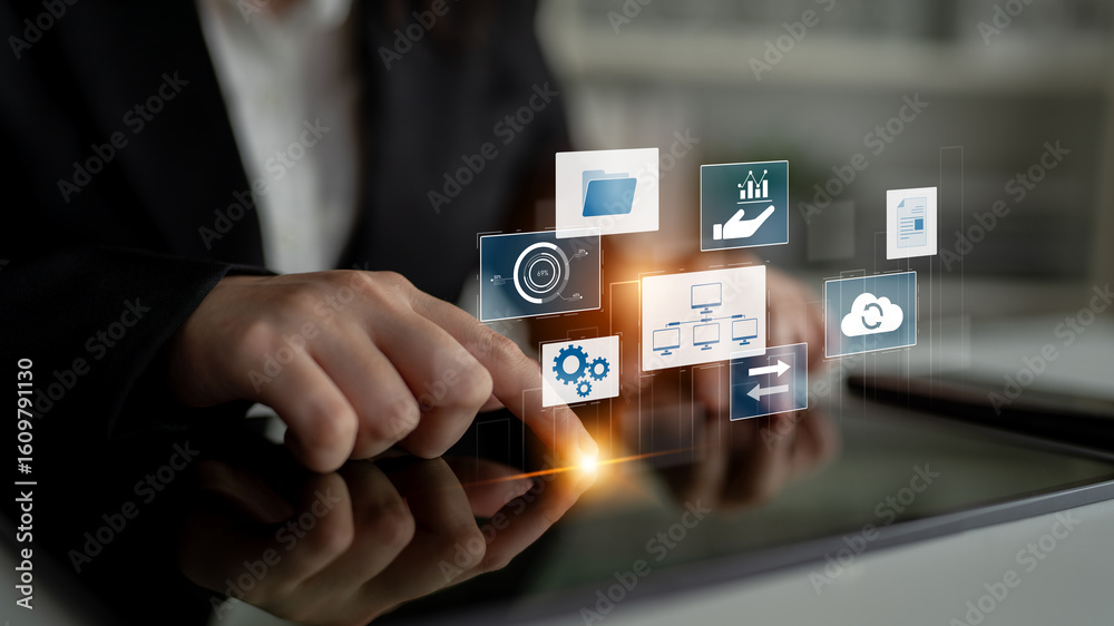 Poster digital business infrastructure with data system, analytics, sync. system management improves access