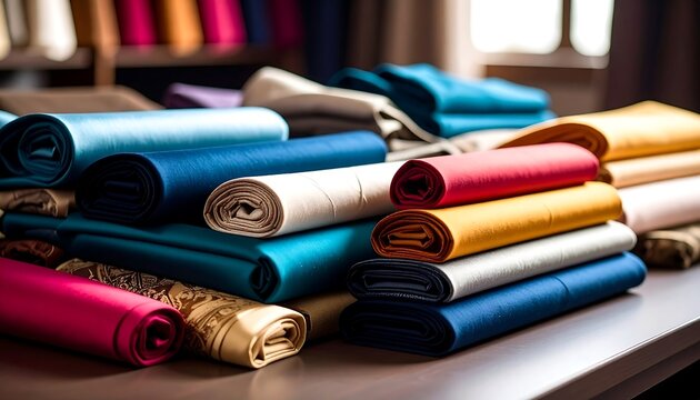 Rolled fabric bolts in various colors, stacked high on a table