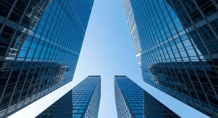 Fototapeta premium Looking up at the towering skyscrapers with their reflective glass facades against a clear blue sky