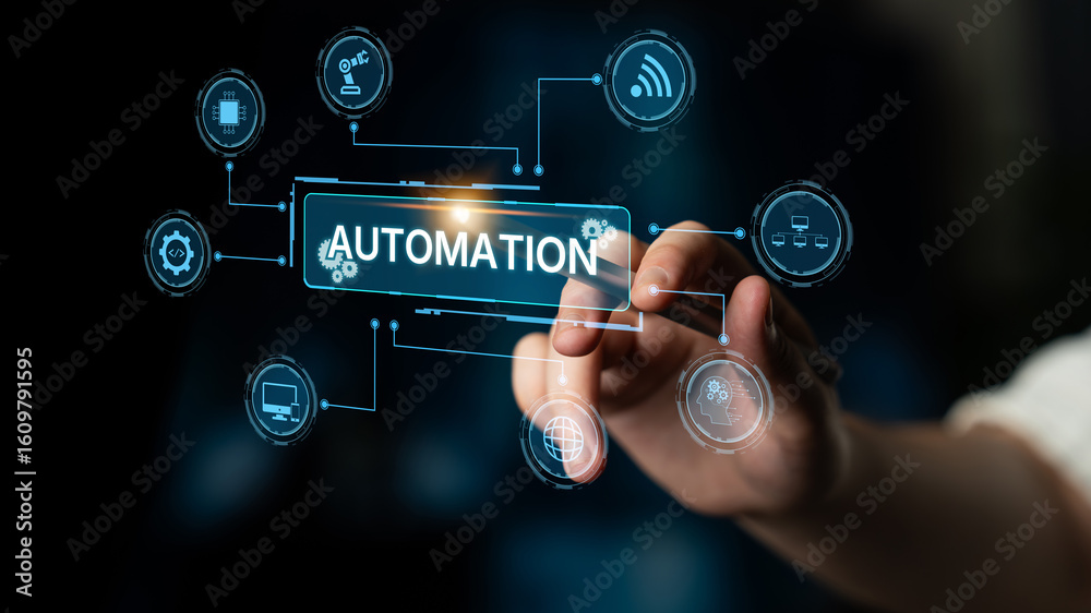 Poster modern automation drives workflow efficiency by connecting systems, people, and data. with intellige