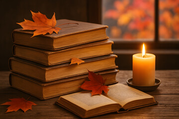 Old books stacked with autumn leaves and a glowing candle, creating a nostalgic and warm reading atmosphere..