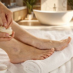 Foot massage, self-care and skin nourishment, applying moisturizing cream, home self-care, skincare...