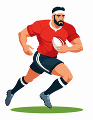 Naklejka premium Powerful rugby player running with the ball, determined expression, athletic build, dynamic pose.