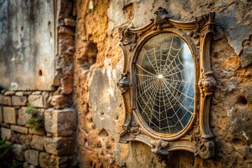 Photo of an antique mirror covered in spiderwebs hangs on a crumbling wall 