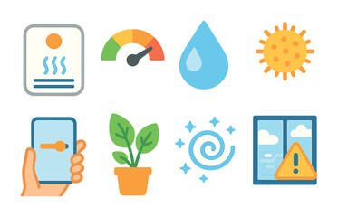 Air Quality App Icons. Flat vector mini-illustrations adjusting air quality with app in colors children's