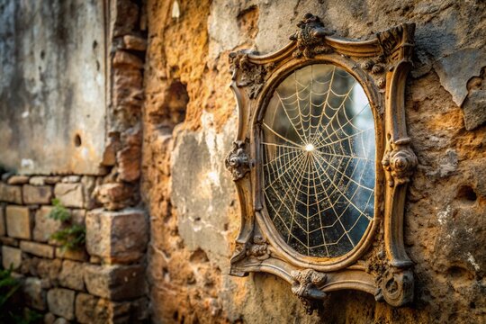 Photo of an antique mirror covered in spiderwebs hangs on a crumbling wall 