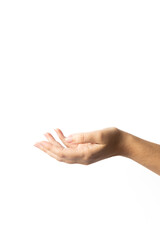 Close-up of a woman’s hand reaching outward, palm facing up, isolated on a clean white...