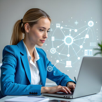 Professional blonde woman typing on laptop with digital network overlay during modern corporate reskilling workshop, focused expression.