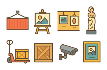 Art Exhibition Mini-Icons. Flat vector mini-illustrations International art exhibitions shipping containers in