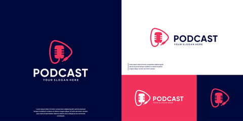 Play button logo with podcast microphone style, broadcasting, entertainment symbol, vector illustration design.