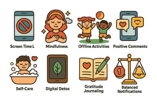 Healthy Habits Illustrations. Flat vector mini-illustrations Healthy social media habits for friendships in