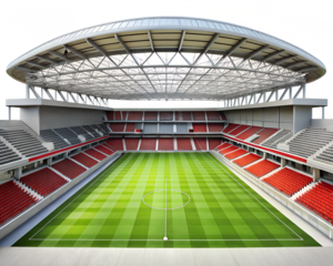 Soccer stadium with green field and red seating isolated on transparent background